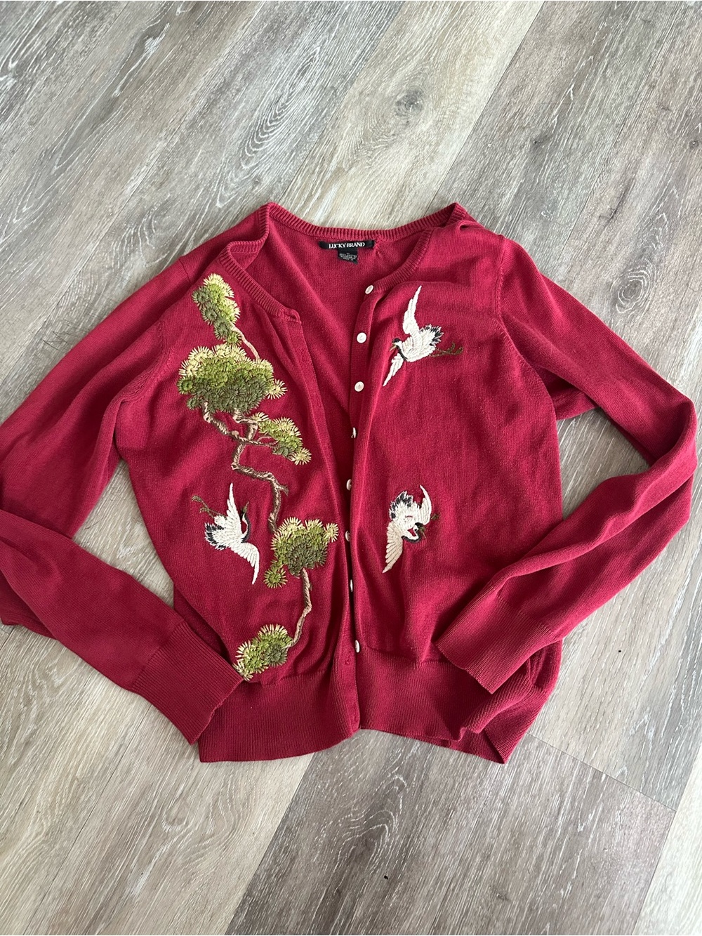 Lucky brand jeans Red Embroidered Bird Cardigan Sweater size medium